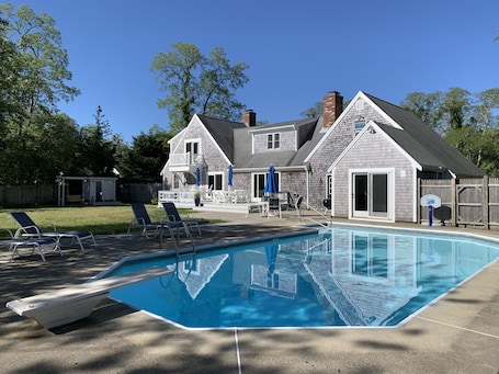 Full view of backyard with in ground pool