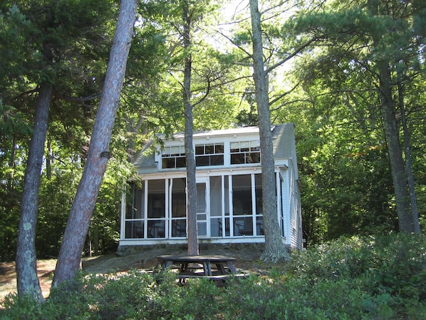 Camp's front porch looks out at Diamond and Rattlesnake Islands.