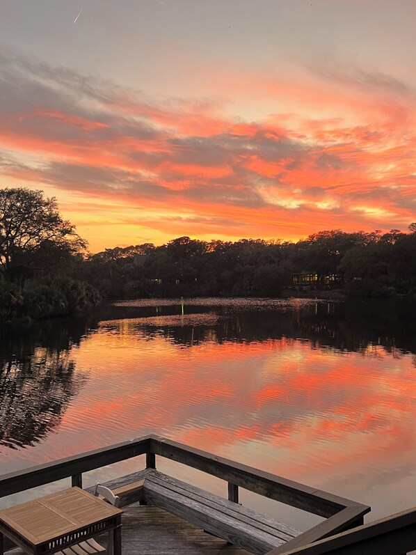View from our dock. Sunsets like this are common.
