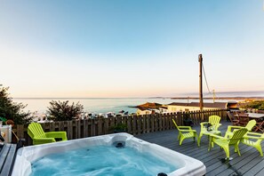 Hot Tub seats 6 with views of The Island, Godrevy, and North Cornwall coast