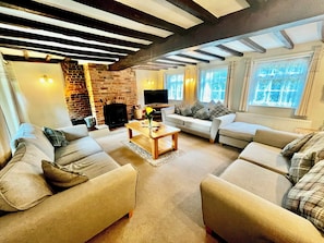Lounge with wood burner and Sky TV