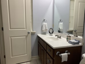 Master bathroom with hair dryer.