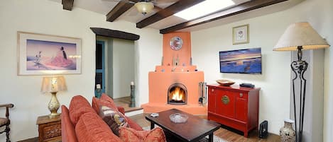 Living Room with Kiva wood burning fireplace