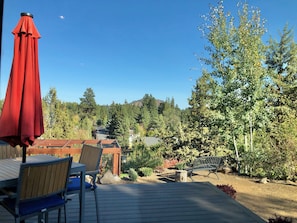 View of Pilot Butte over the treetops of Bend from the living room window