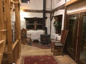 Living Room with Glass Front Wood Stove