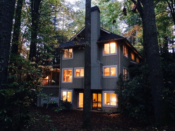 Betsy's Mountain Hideaway is a three story house on a large wooded lot