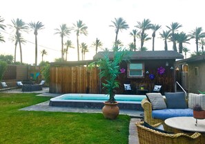 Backyard- Patio seating area with Pool & Casita in back ground
