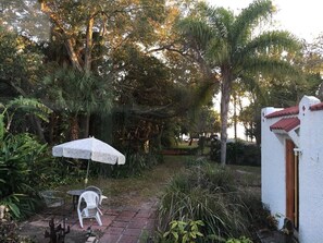 View from kitchen into courtyard down to water. 
