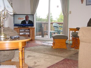 Living room with new laminate flooring and large area rug.  Patio door to deck.