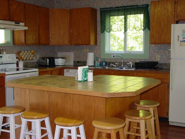Apt B Downstairs has a large, outfitted kitchen with DW and large island bar