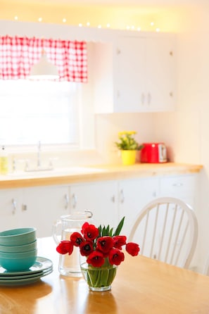 Farm Style kitchen with toaster, new counter tops, new faucet - very cheery. 