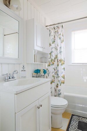 New Remodeled Bathroom with porcelain tub. New Towels, Hand Towels and Washcloth