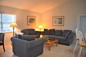 Sitting Area, Kitchen to right, Lanai behind, & hallway to bedrooms top right 