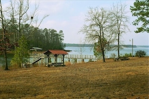 Covered picnic area near the large dock and gazebo.