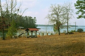 Covered picnic area near the large dock and gazebo.