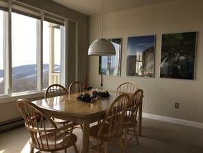 The dining room affords a great mountain view.