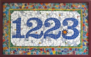 Cliff House B&B house numbers created by Marion Owen, mosaic artist and teacher.