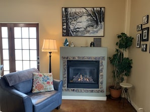 Gas fireplace.