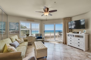 View from the living room, dining and kitchen