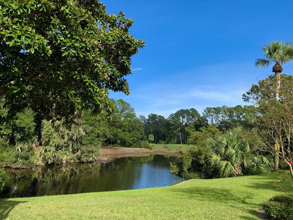 Gorgeous view of pond & Brigantine golf course.Lg.paver patio w/2 sliding doors