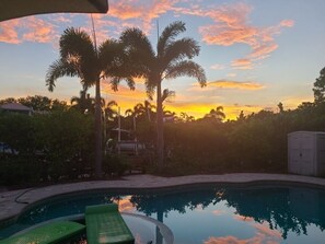 Pool side sunsetting view