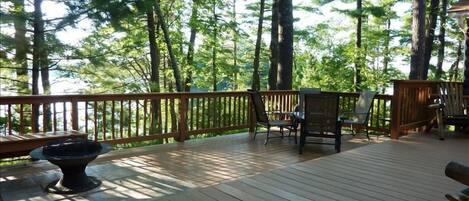 The huge, 2-tiered deck faces west to the lake and the sunset. 