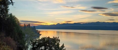 sunset, view from the living room and kitchen and from the deck