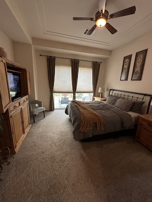 Spacious Master Bedroom.  High-End Bedding.  Smart TV
