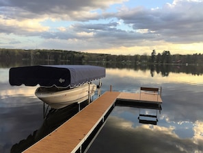 40' Floe aluminum woodgrain dock with bench and swim ladder.