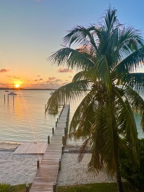 Sunset from our deck. Private beach and dock