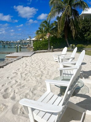 Private beach steps from house. Coconut trees. Sit under trees or in sun. 