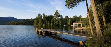 View from house to swimming dock and boathouse.