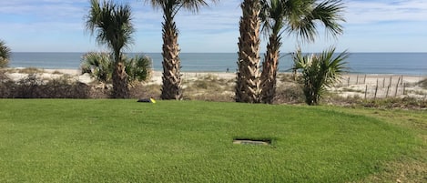 Patio overlooks # 16 tee of Long Point Golf Course and ocean