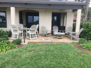 Ground level offers grassy area. Great for family games,dinner and cocktails! 