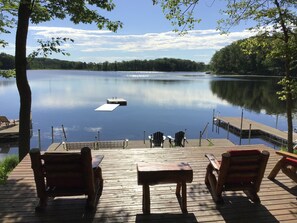 View from lakeside deck.  Overlooks 3 docks, one is 8' x 32' parallel to shore.
