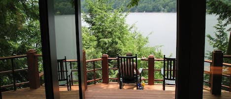 Looking out at the lake off two tiered deck