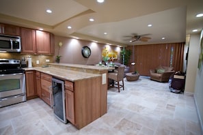 kitchen, dining, and living area