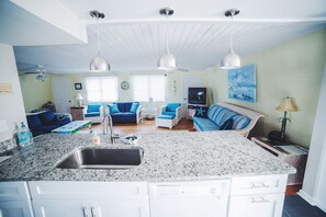 Open kitchen with view of the family room.