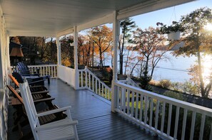 Our covered front porch is spectacular, as is the light off the lake at sunset. 