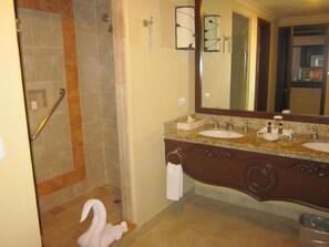 Bathroom with Spacious Walk-In Shower and Granite Counter with Double Sinks