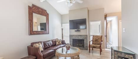 Living room with Wood burning fireplace