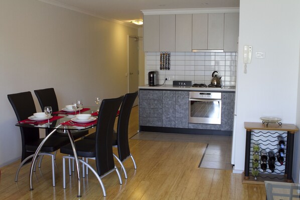Dining for 4 or 6.   Extra chairs in bedrooms.