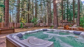 Enormous backyard with fire pit, hot tub, bocce court, string lights