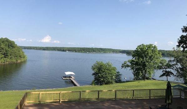 View of lake and dock from upper balcony.  Great place to have morning coffee! 