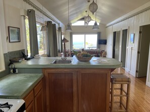 The kitchen island looking makai.