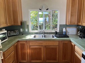 A spacious, lovely kitchen with view of Hawaii foliage. Looking mauka.