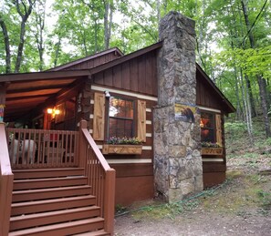 Just a few wide steps to  the cabin entrance & the gate keeps pets & kids safe
