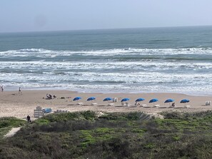 View of umbrellas and lounge chairs set up for day use by 3rd party.  (Seasonal)