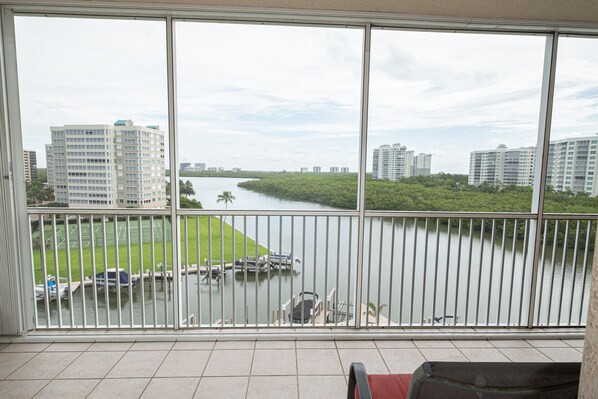 Lanai view of Gulf inlet where you can sometimes see dolphins!