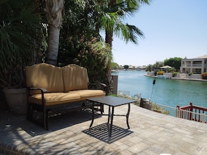 Sitting area overlooking lake